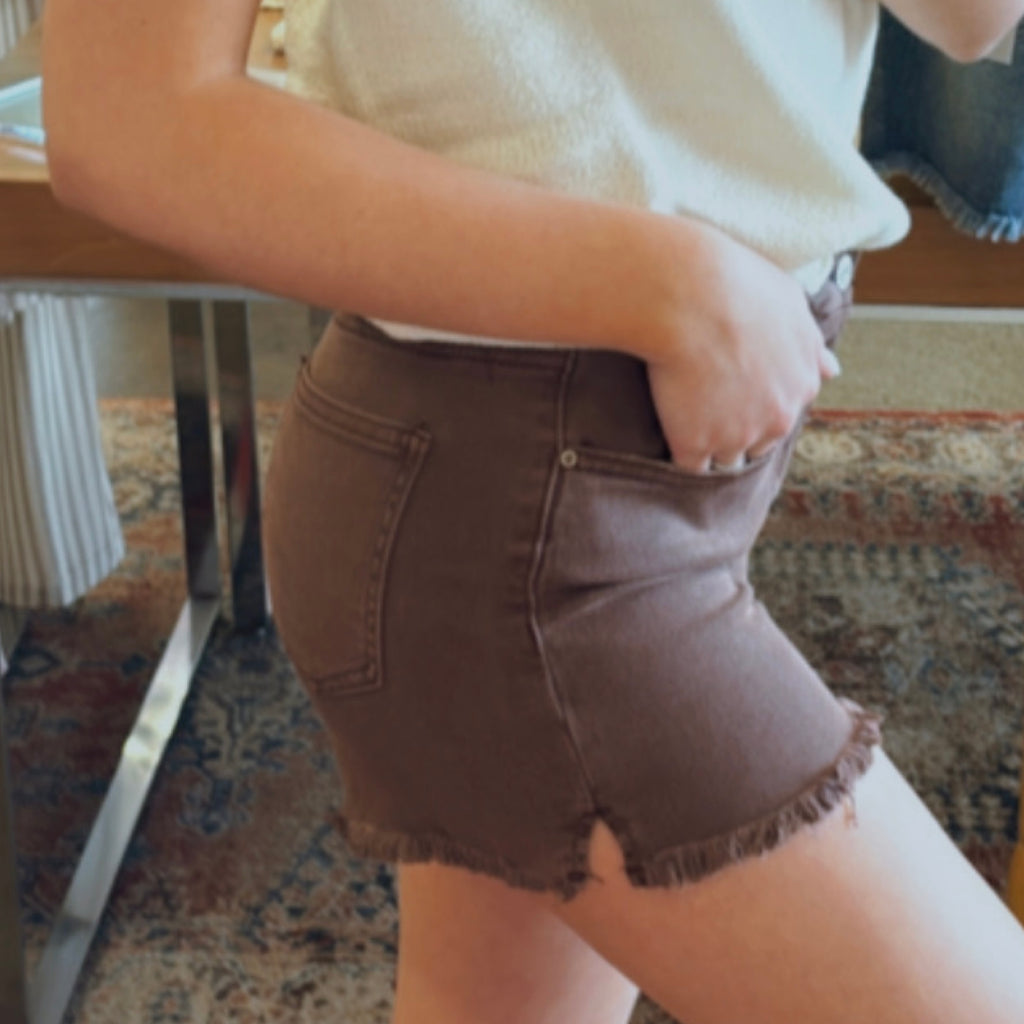 All Together Acid Washed Frayed Denim Short Brown