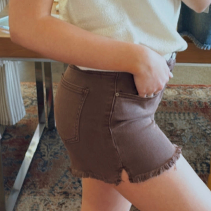 All Together Acid Washed Frayed Denim Short Brown