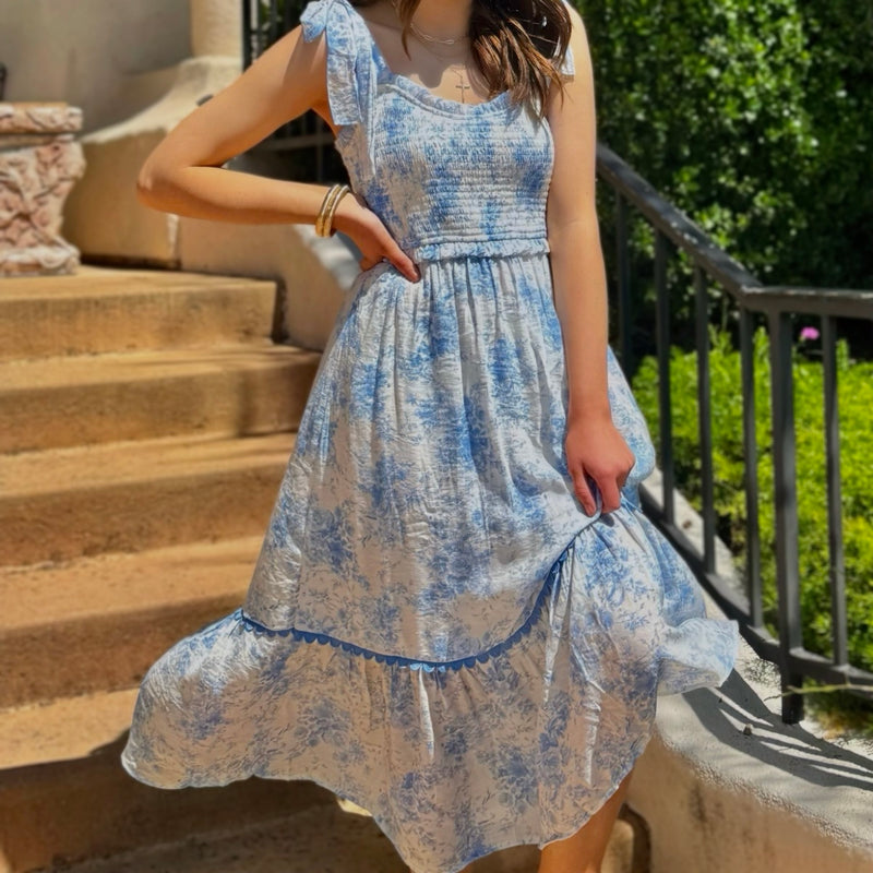 Feeling Fresh Floral Smocked Midi Dress Blue MEDIUM Feeling Fresh Floral Smocked Midi Dress Blue MEDIUM