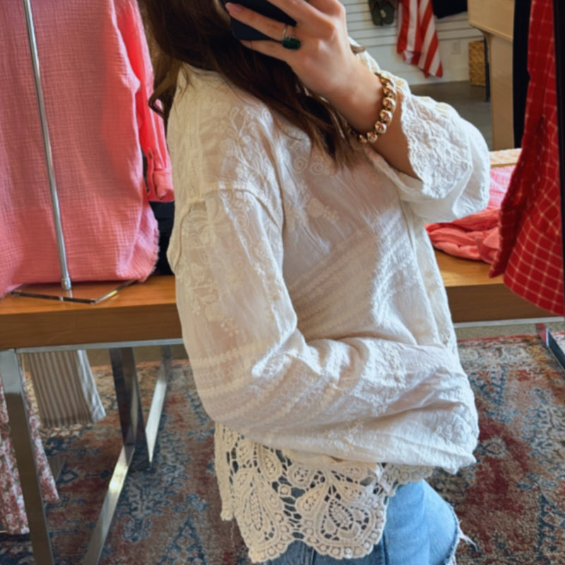 What You Get Long Sleeve Crochet Detailed Top