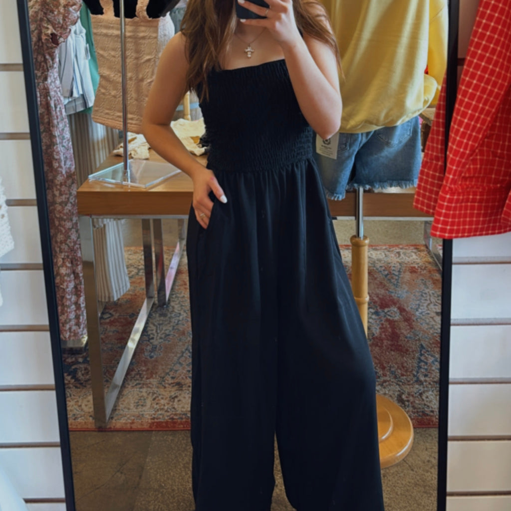 Weekend Plans Smocked Top Jumpsuit Black