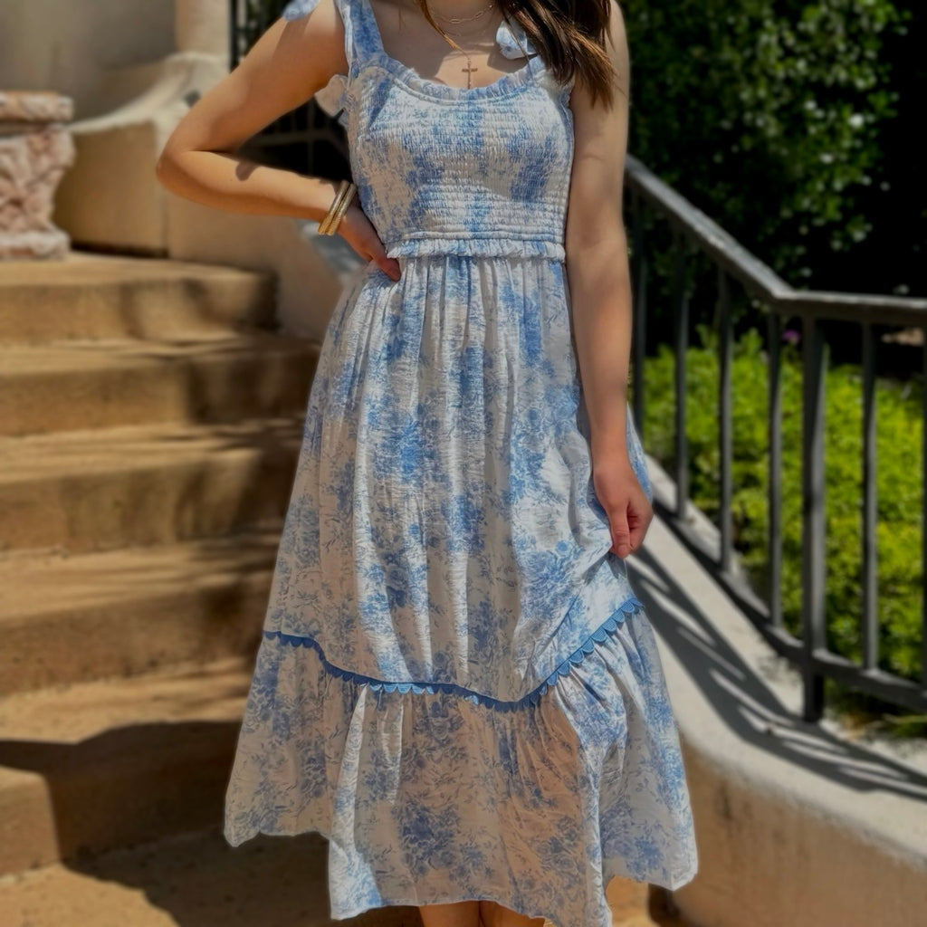 Feeling Fresh Floral Smocked Midi Dress Blue