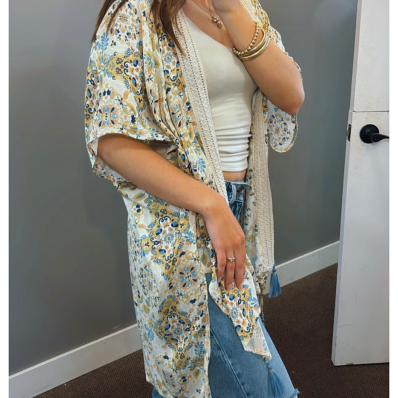 Fun In The Sun Crochet Trim Printed Kimono