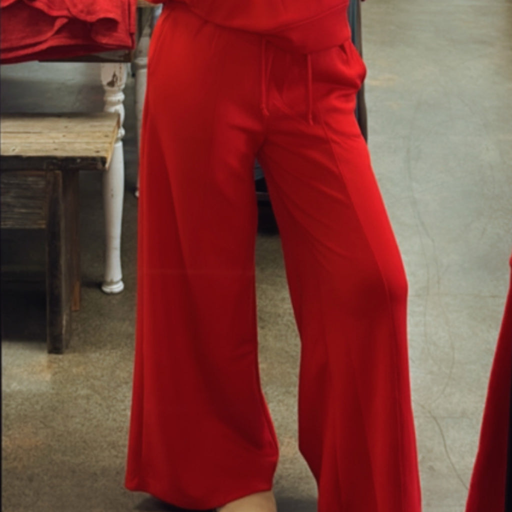 Scuba Drawstring Wide Leg Pants Red