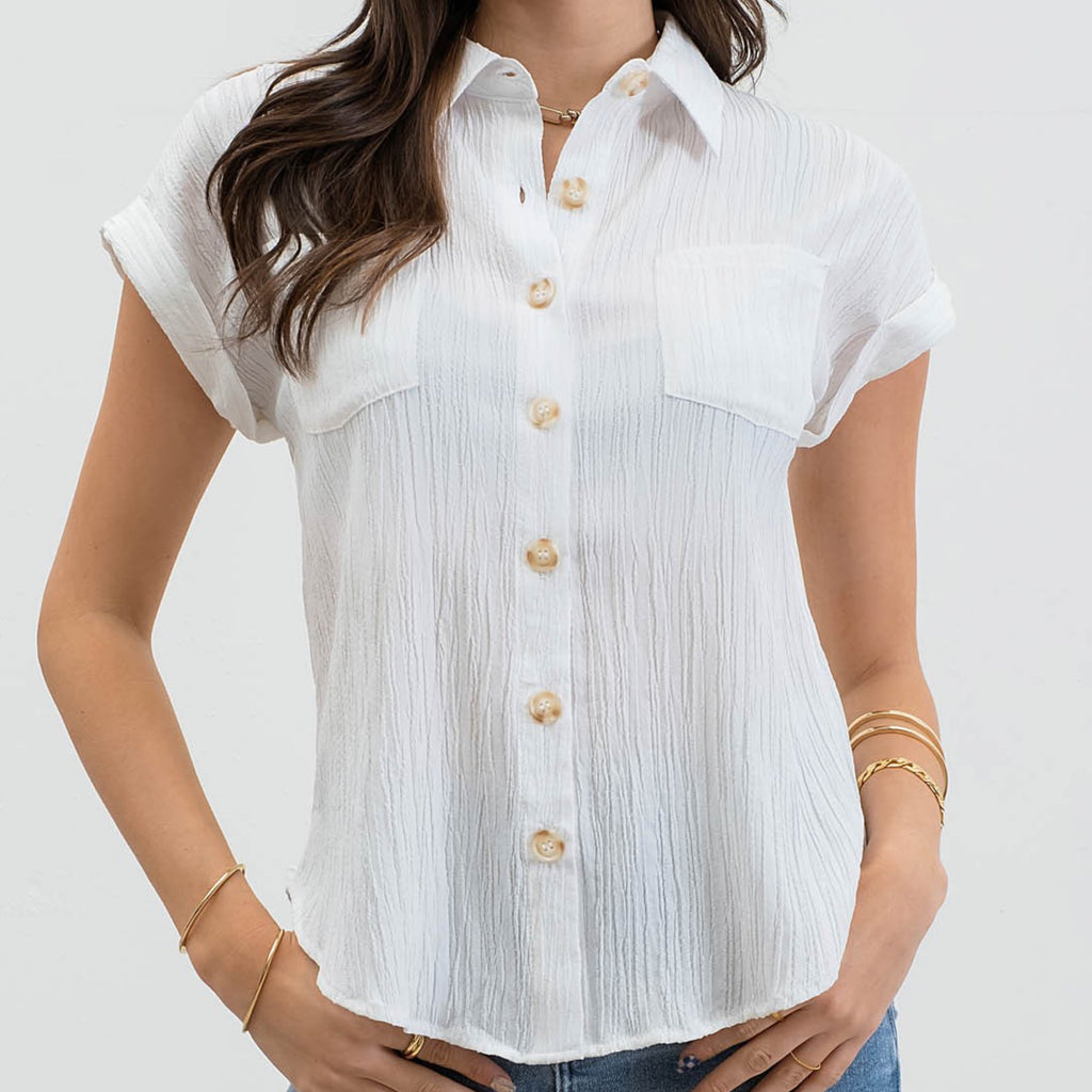 Play No Games Button Down Top White