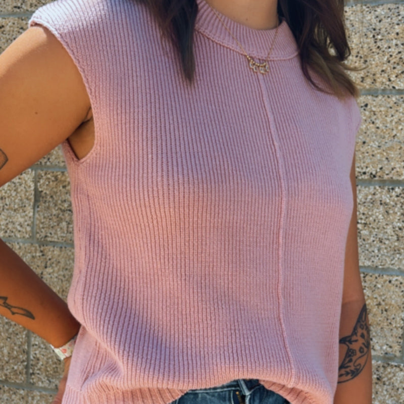 You And I Sleeveless Crewneck Knit Sweater Top Pink