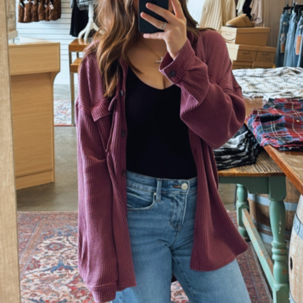 Roxlyn Oversized Acid Washed Waffle Knit Button Down Shacket