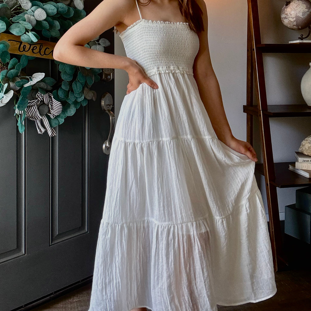Here An There Midi Dress With Smocked Bodice White
