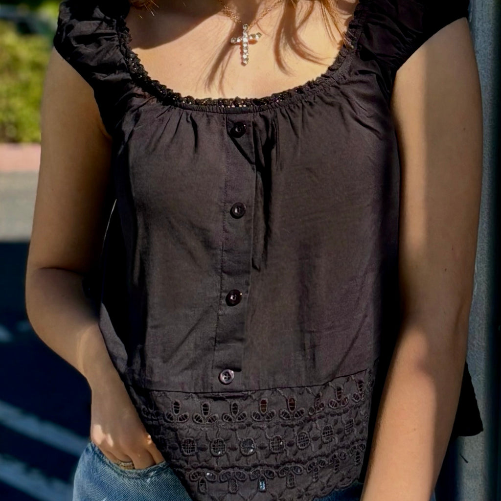 Just Walk By Eyelet Trim Short Sleeve Top
