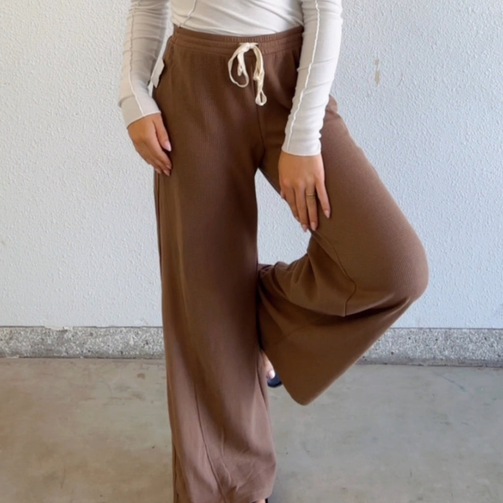Hazel Waffle Knit Drawstring Waistband Bottoms Mocha