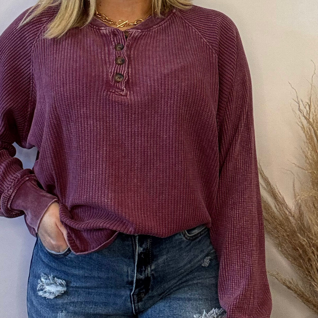 Kalani Waffle Knit Button Collar Vintage Wash Top Dark Cherry