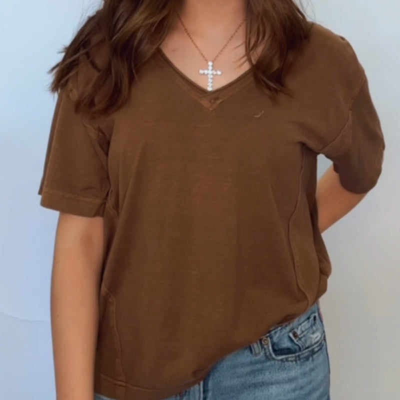 Brown Washed Raw Edge V Neck Short Sleeve Tee