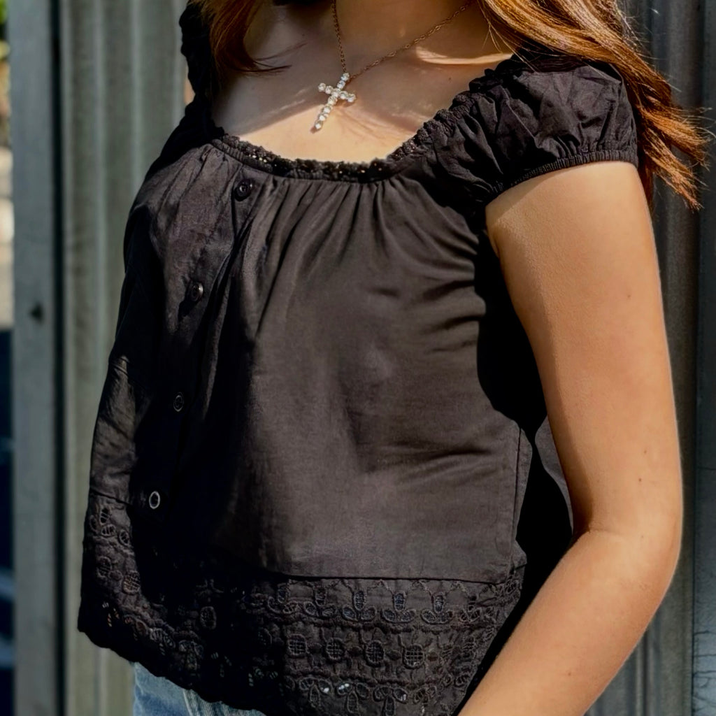 Just Walk By Eyelet Trim Short Sleeve Top
