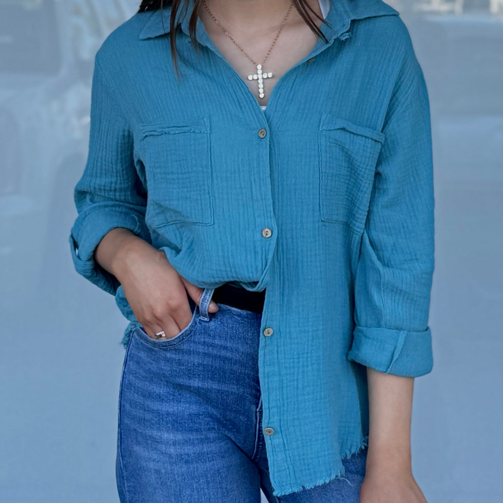 Linny Linen Button Down Top Blue