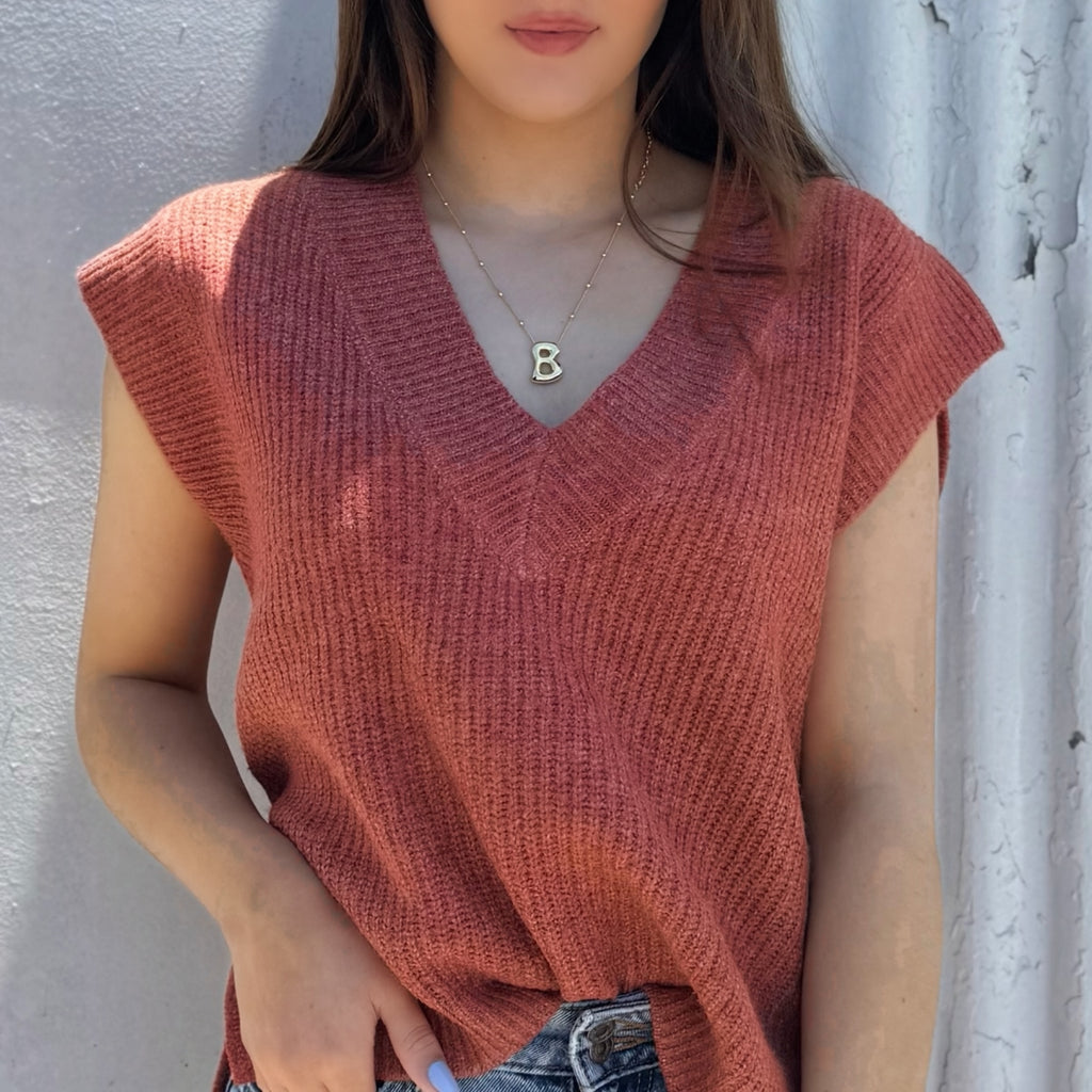 Our Time Sweater Vest With Side Slits Rust