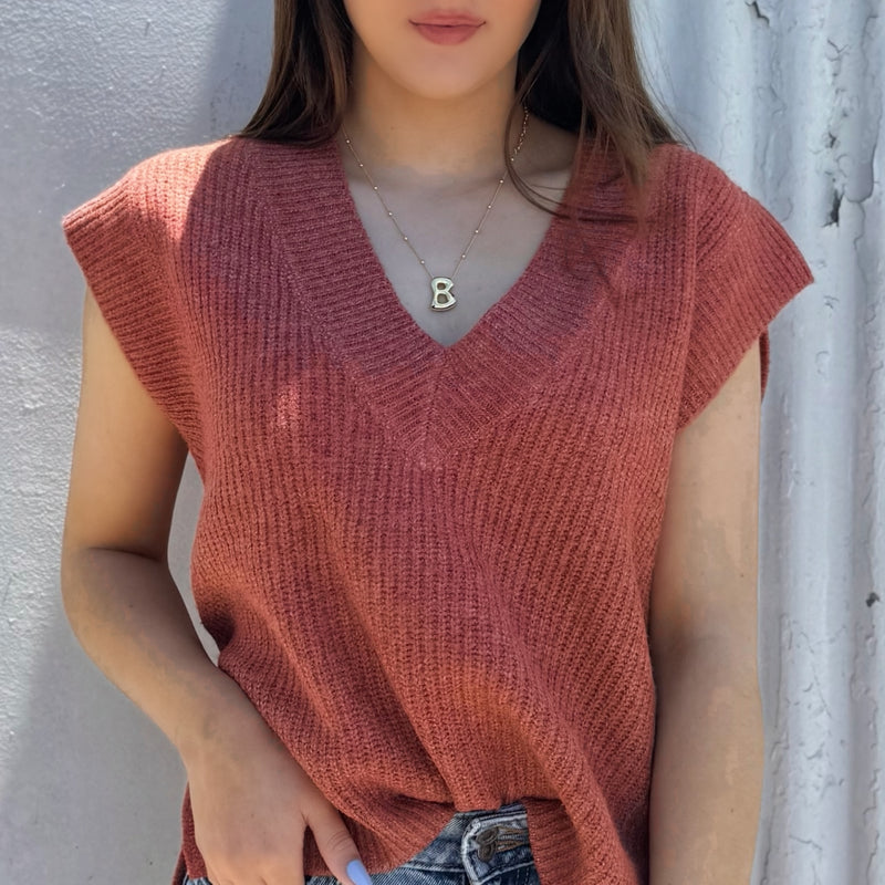 Our Time Sweater Vest With Side Slits Rust