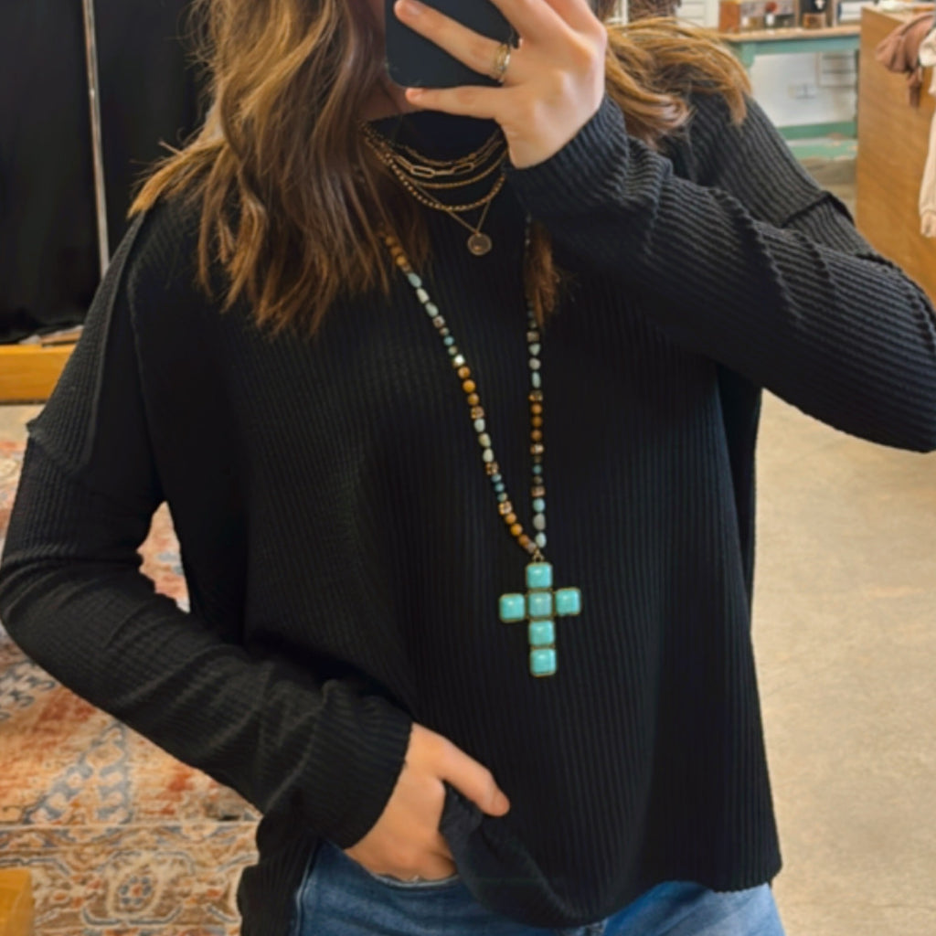 Ribbed Knit Round Neck Long Sleeve Top Black