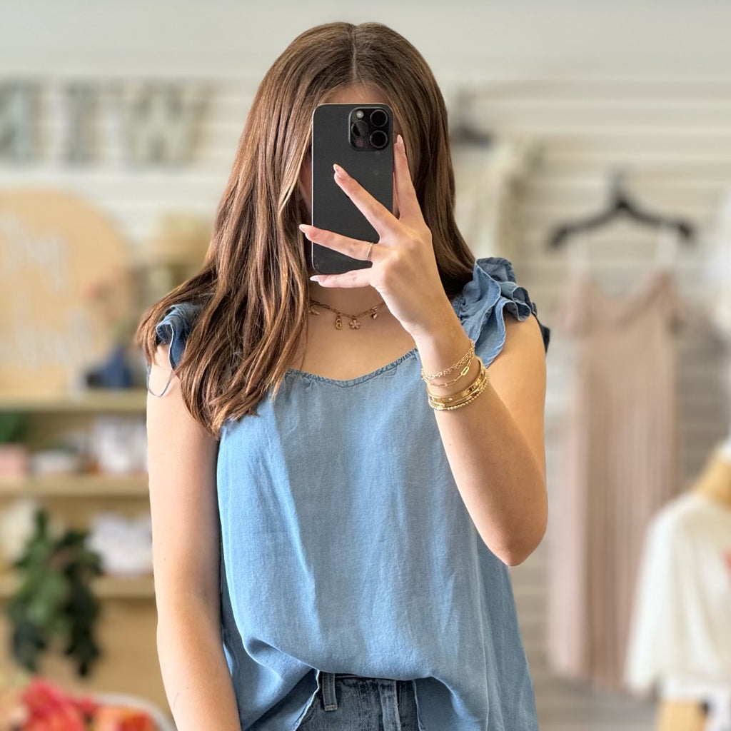 Going For A Stroll Chambray Ruffle Sleeve Top