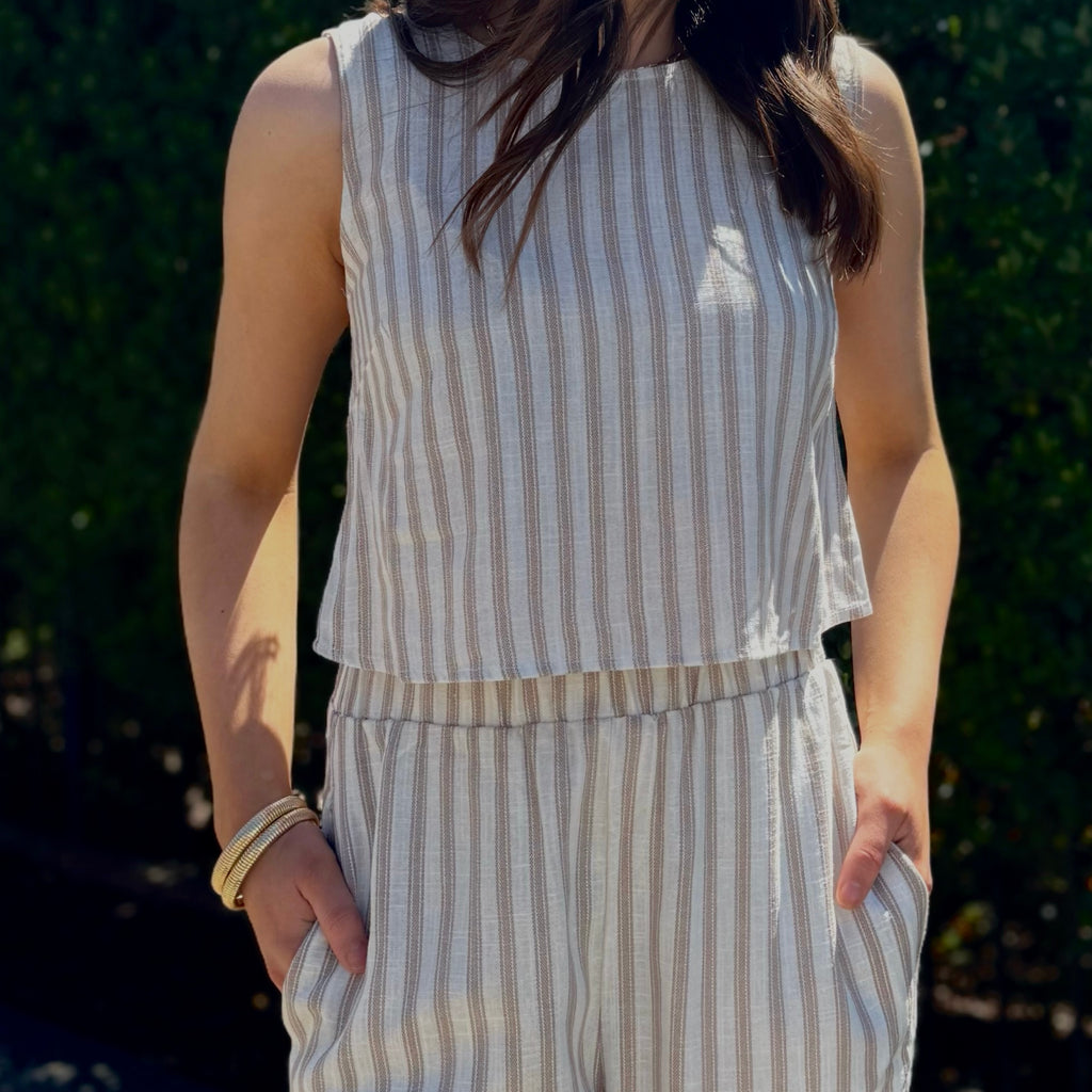 Summer Glow Stipe Linen Tie Back Top