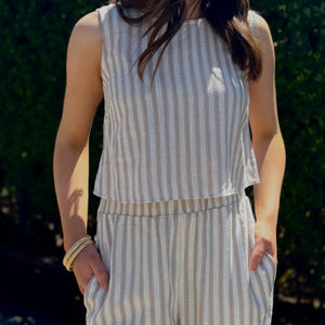 Summer Glow Stipe Linen Tie Back Top