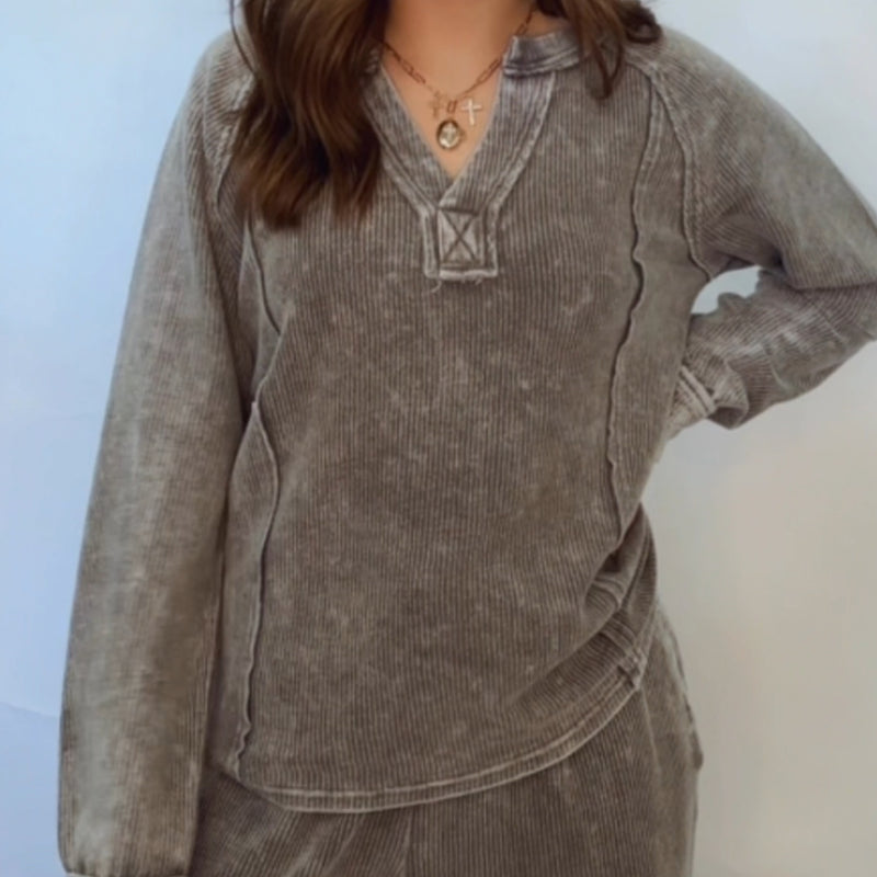 Coffee Run Washed Ribbed Long Sleeve Top