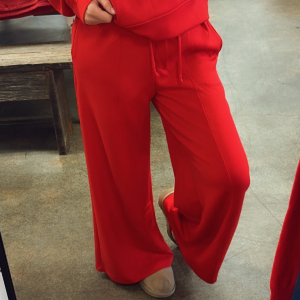 Scuba Drawstring Wide Leg Pants Red
