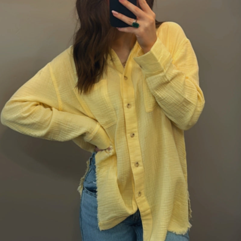 Vacay Mode On Linen Button Down Top Yellow