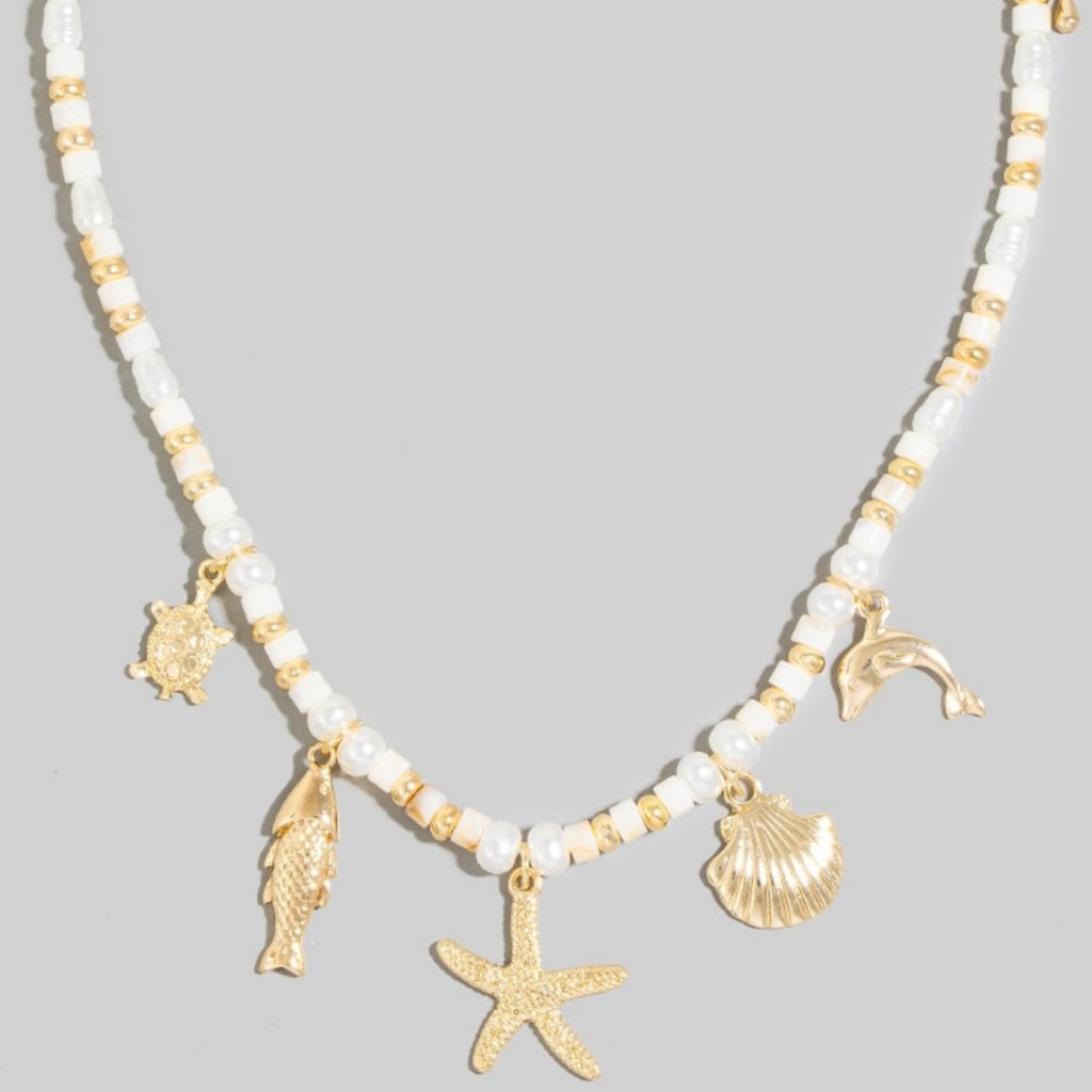 Sea Life Charms Tube And Pearl Beaded Necklace