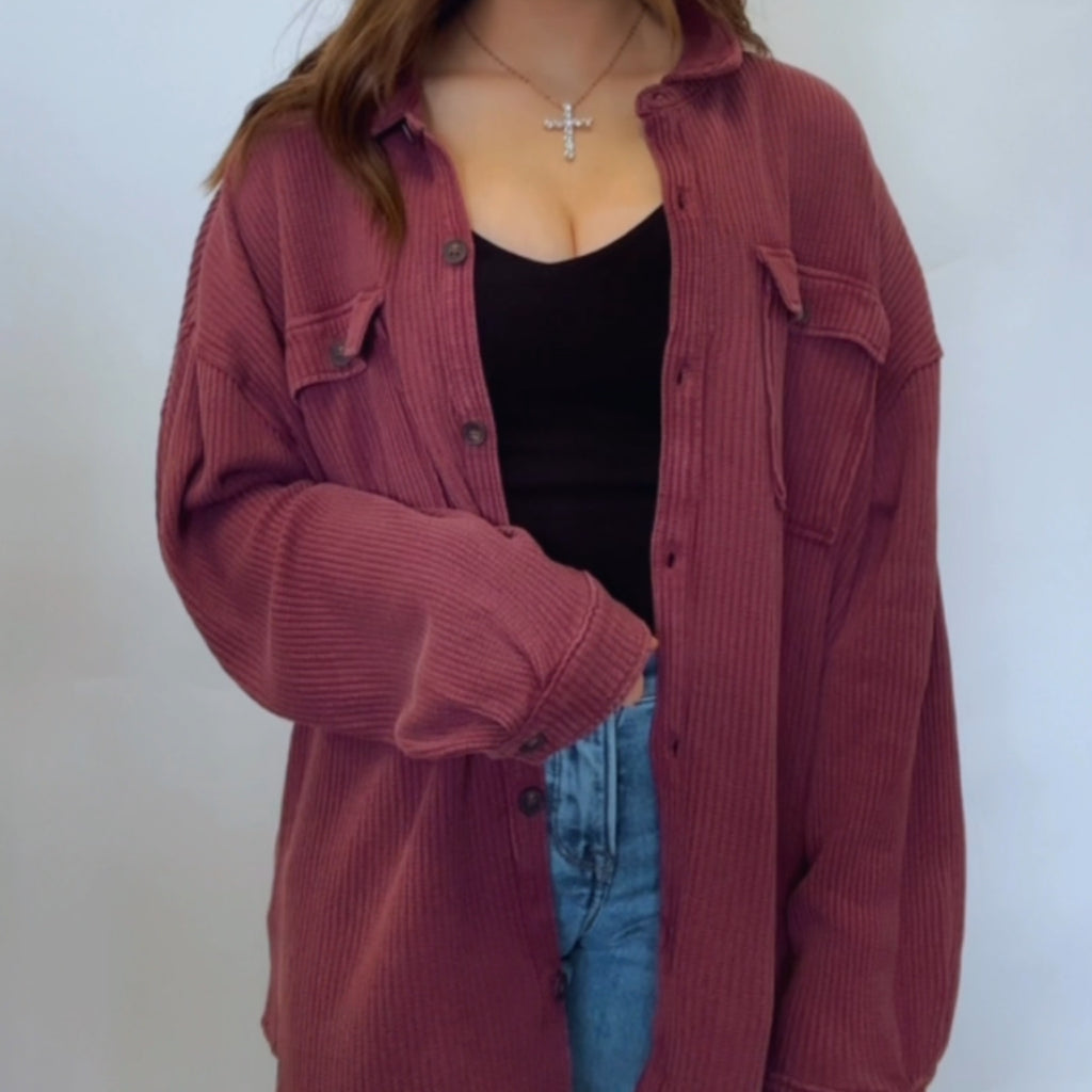 Roxlyn Oversized Acid Washed Waffle Knit Button Down Shacket
