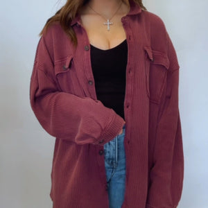 Roxlyn Oversized Acid Washed Waffle Knit Button Down Shacket