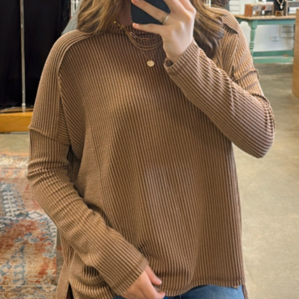 Ribbed Knit Round Neck Long Sleeve Top Brown
