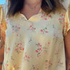 Floral Lights Scallop V Neck Satin Floral Short Sleeve Top