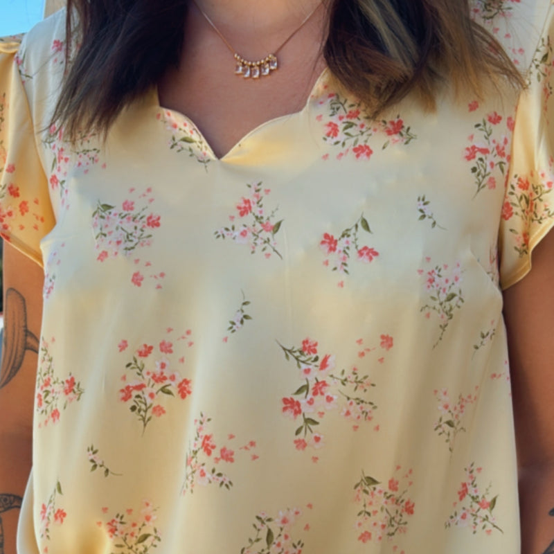 Floral Lights Scallop V Neck Satin Floral Short Sleeve Top