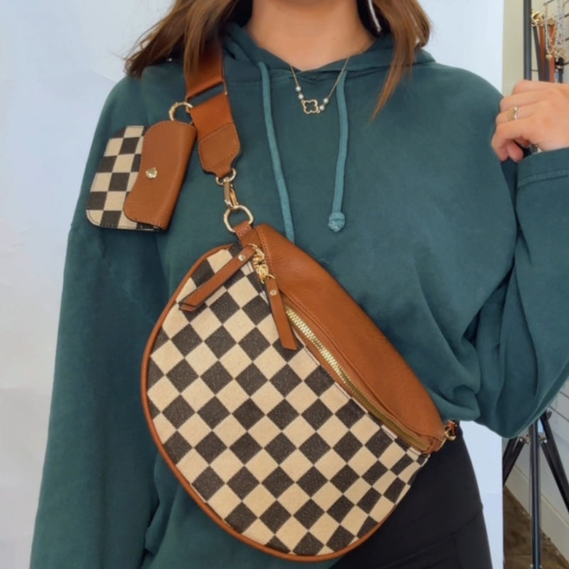 Vegan leather Checkered Print Bag Brown