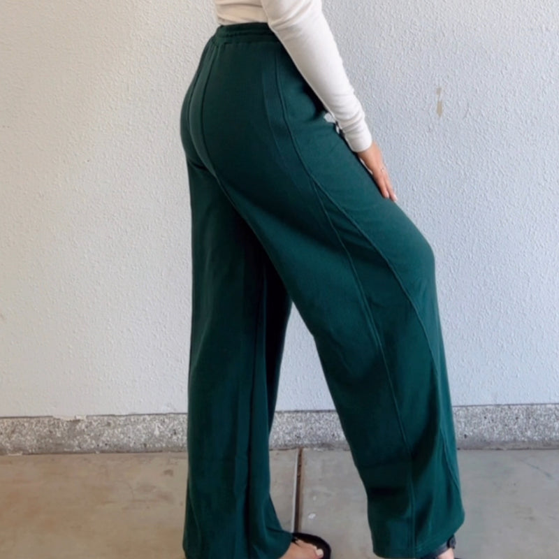 Hazel Waffle Knit Drawstring Waistband Bottoms Dark Green