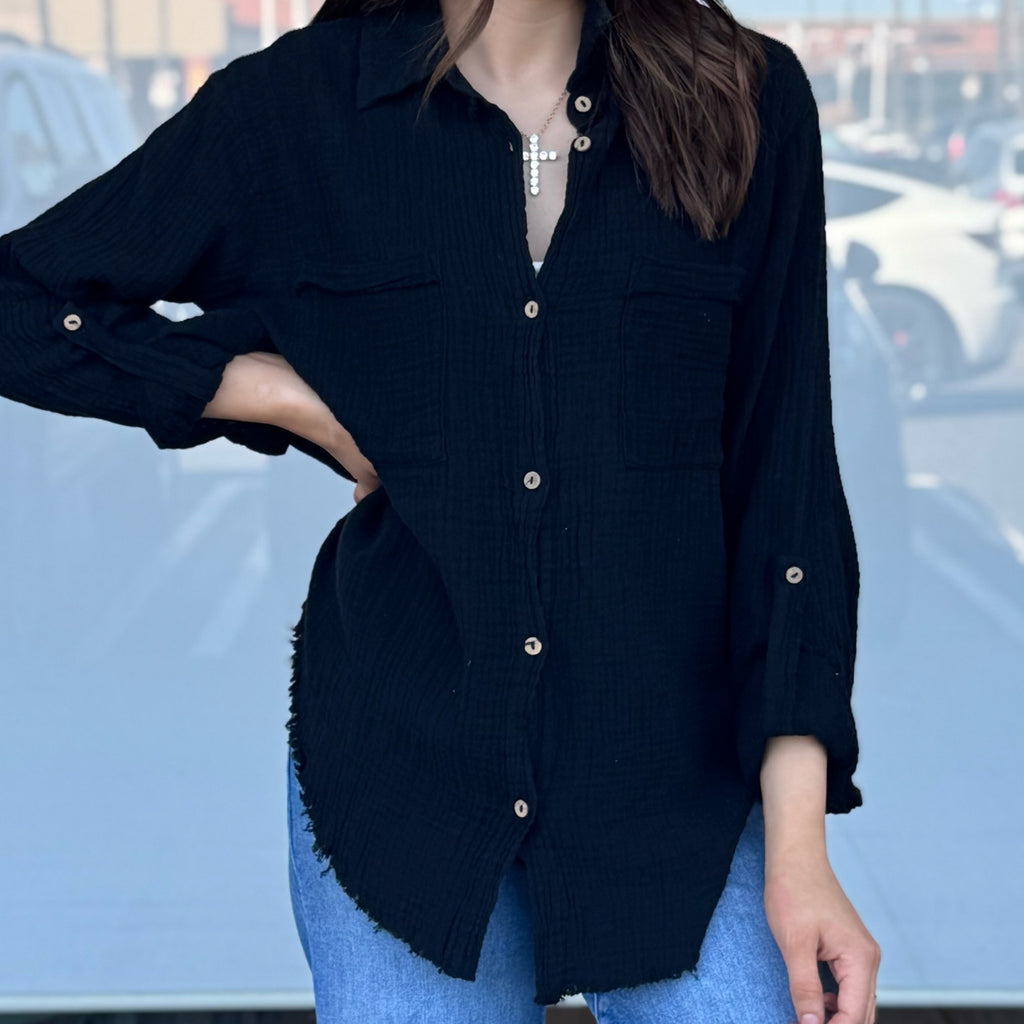 Linny Linen Button Down Top Black