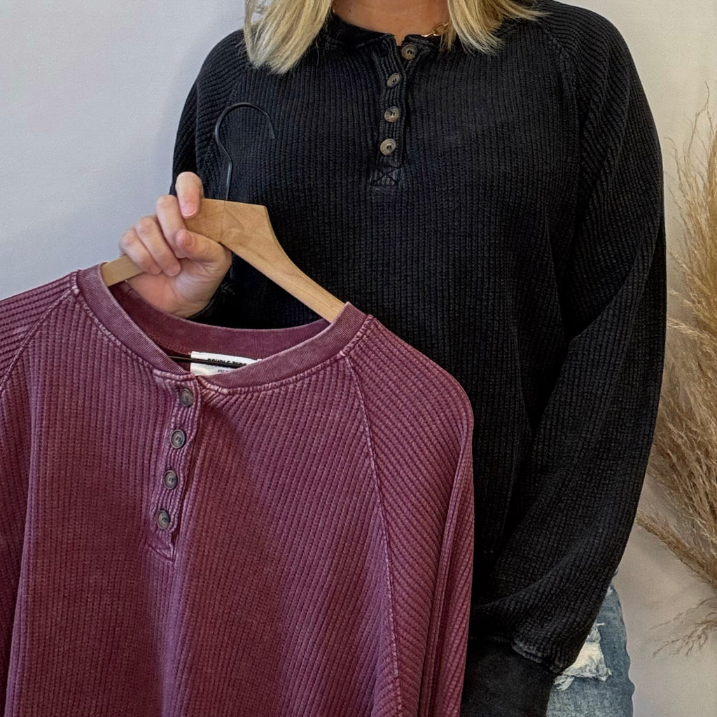 Kalani Waffle Knit Button Collar Vintage Wash Top Dark Cherry