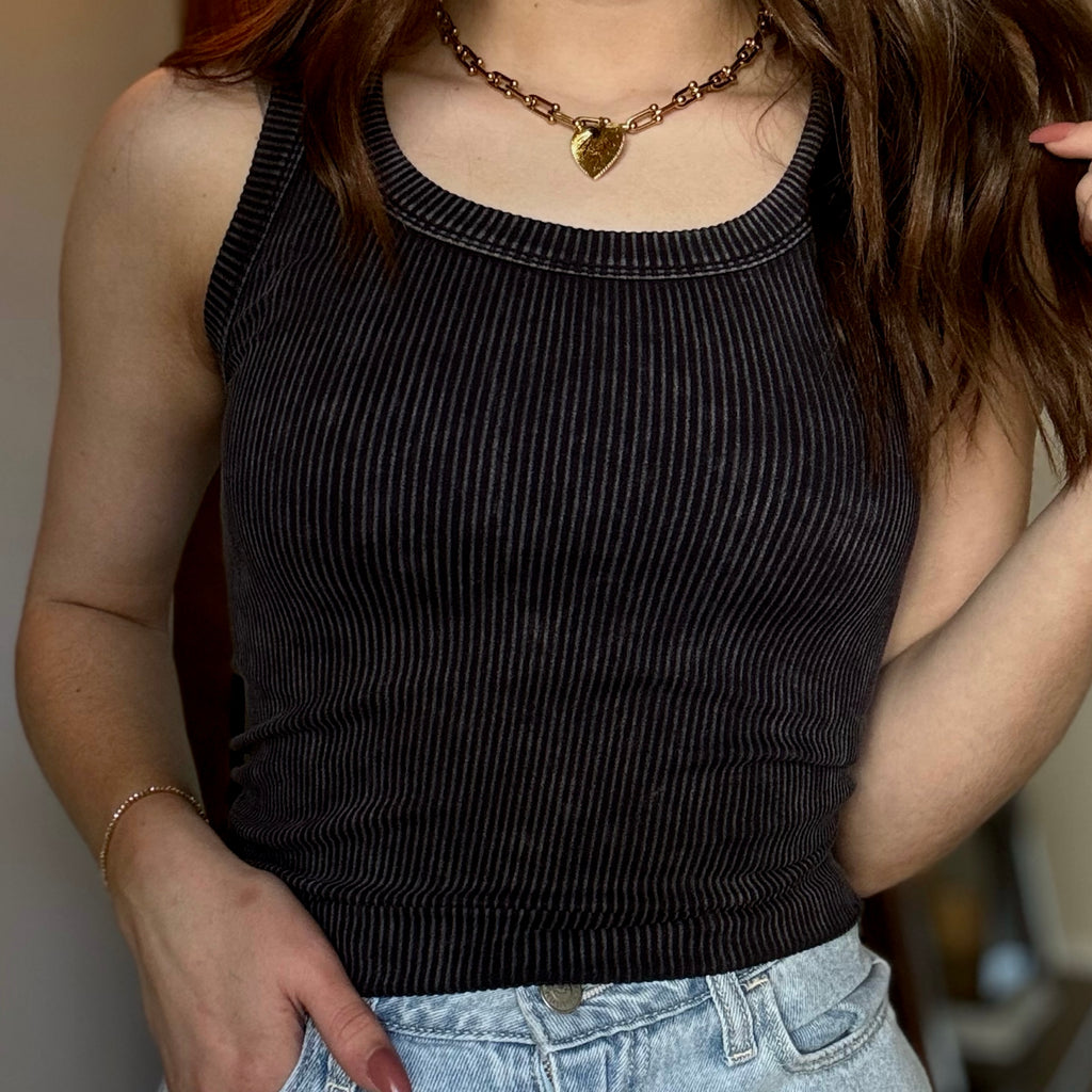 Weekend Vibe Acid Washed Tank Black
