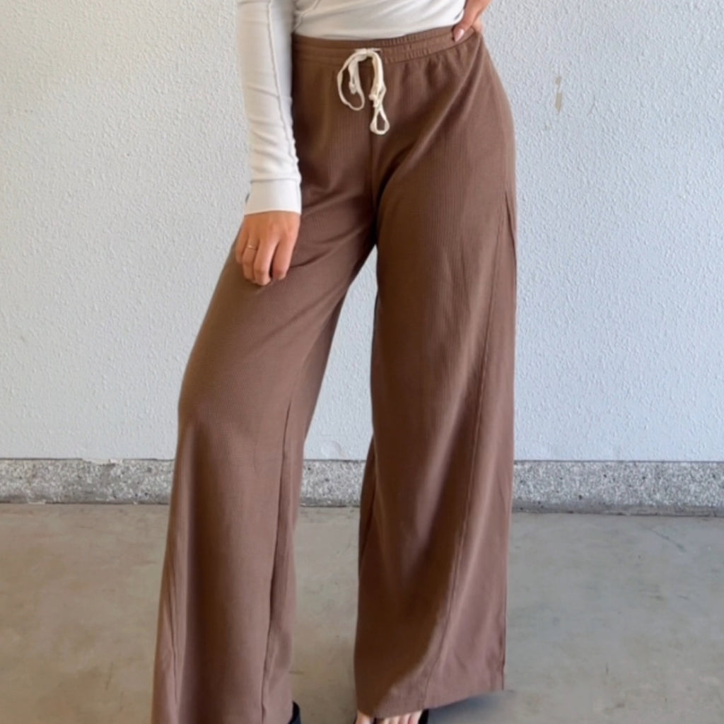 Hazel Waffle Knit Drawstring Waistband Bottoms Mocha
