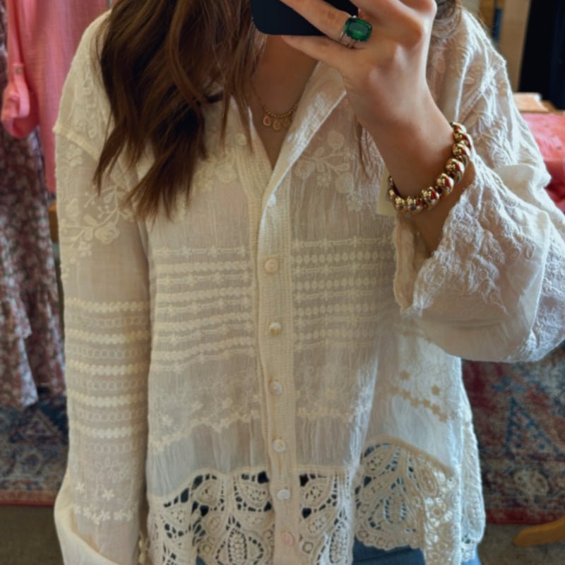 What You Get Long Sleeve Crochet Detailed Top