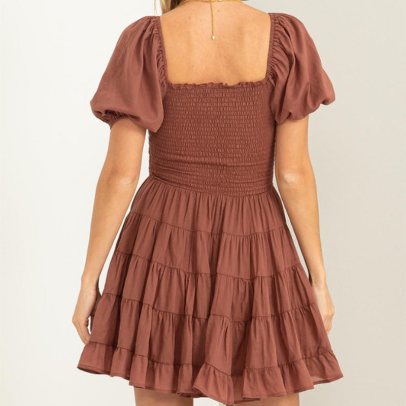 Daily Dream Smocked Tiered Mini Dress Brown