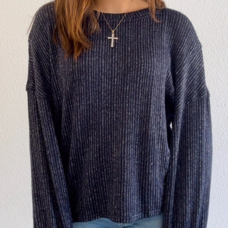 Kinna Long Sleeve Ribbed Knit Top Navy