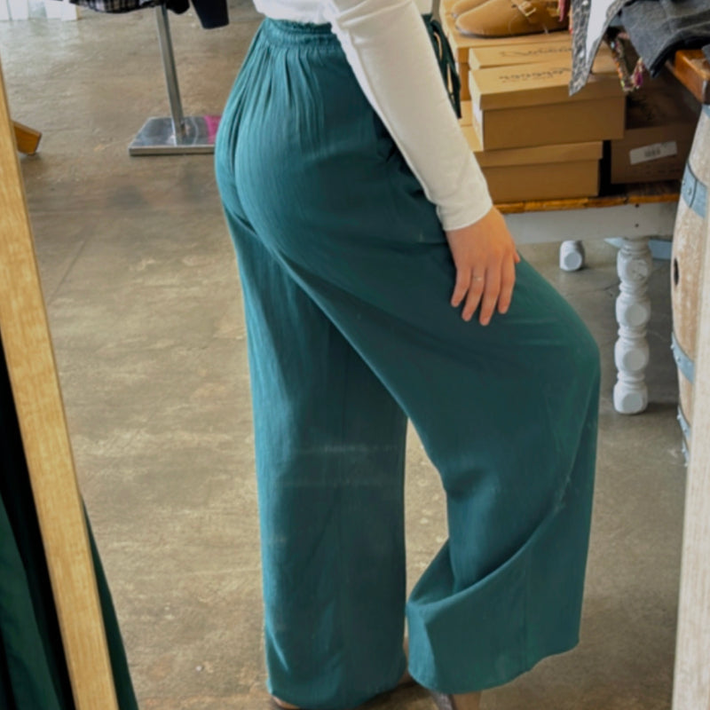 Hanna Wide Leg Crinkle Pants Emerald
