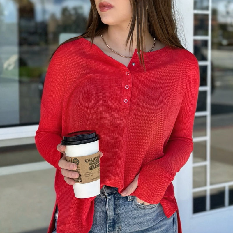A Great Day Waffle Henley Top Red
