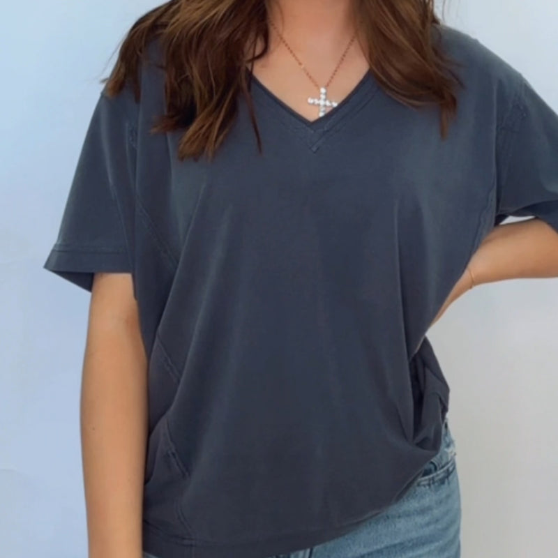 Navy Washed Raw Edge V Neck Short Sleeve Tee