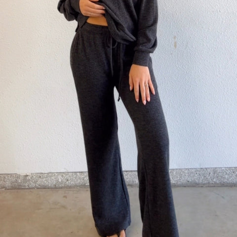 Hazel Waffle Knit Drawstring Waistband Bottoms Mocha
