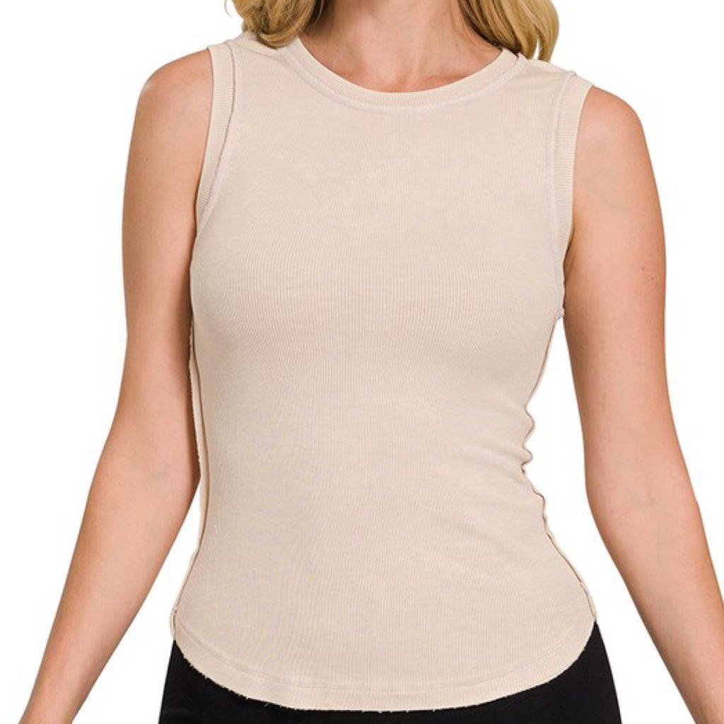 Easy Win Washed Ribbed Tank With Exposed Seam