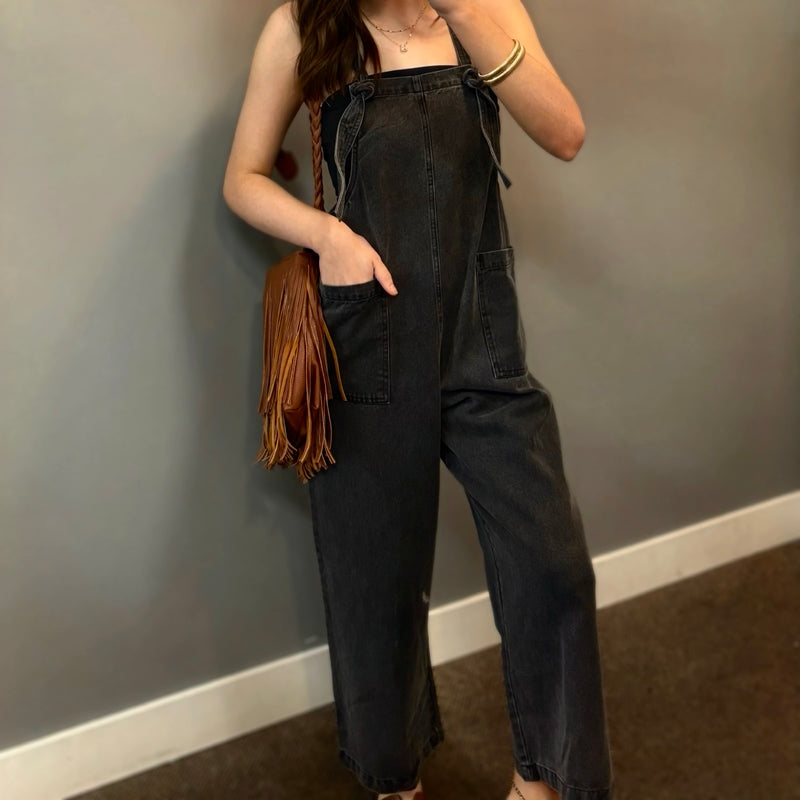 On Set Denim Overalls Black