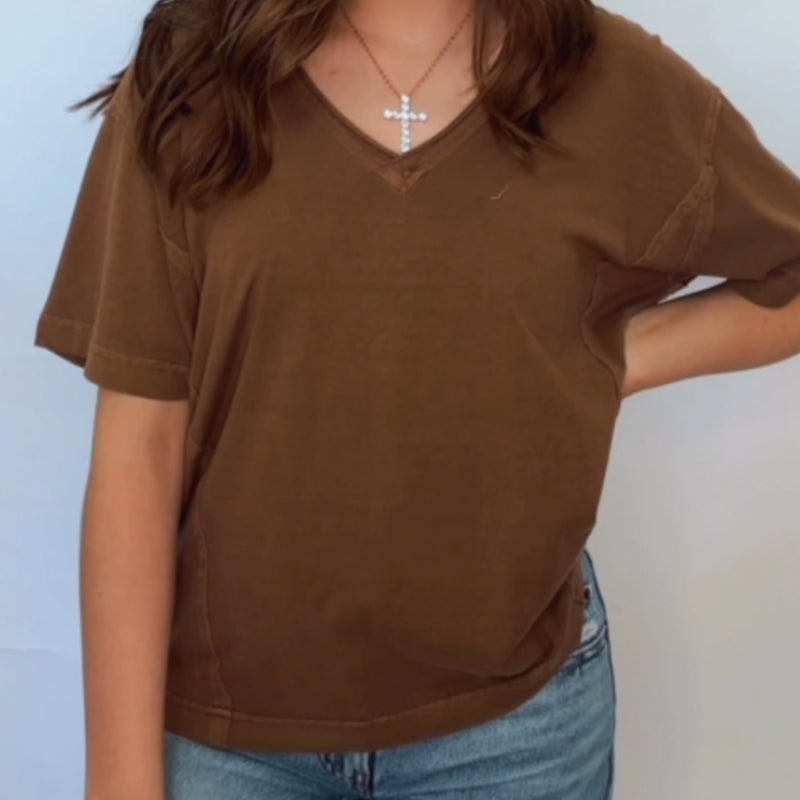 Brown Washed Raw Edge V Neck Short Sleeve Tee