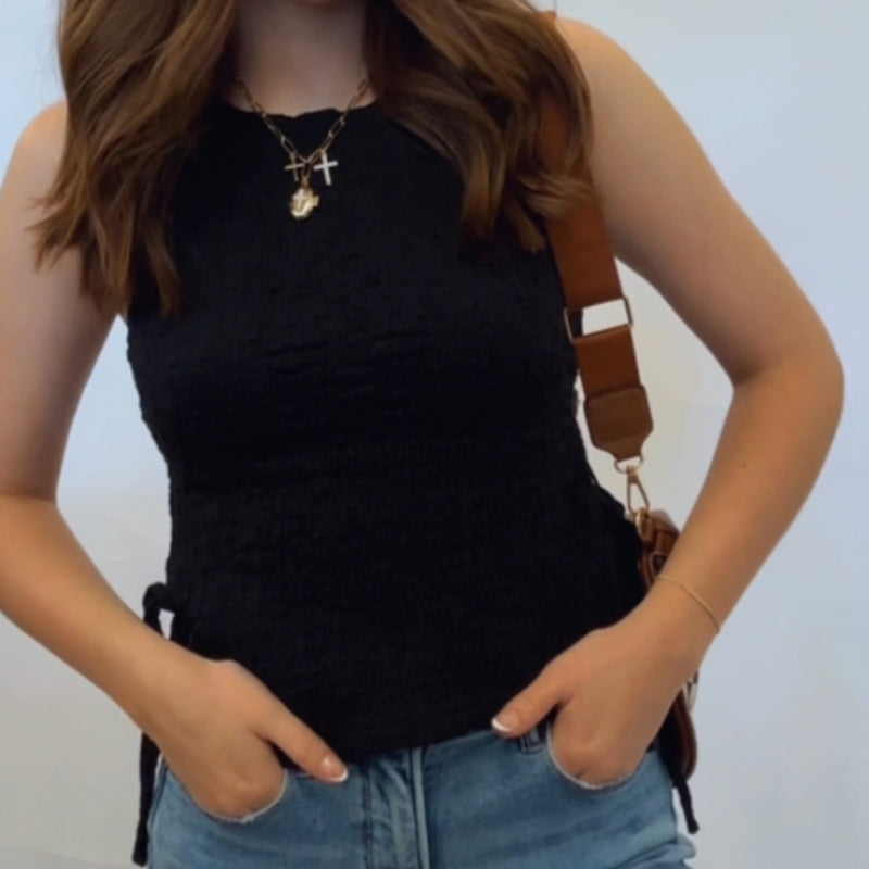 Lizzy Textured Top With Side Tie Detailing Black